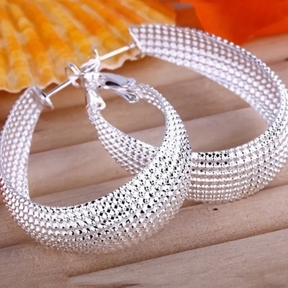 🎀925 Textured Hoop Earrings - Picture 7 of 7